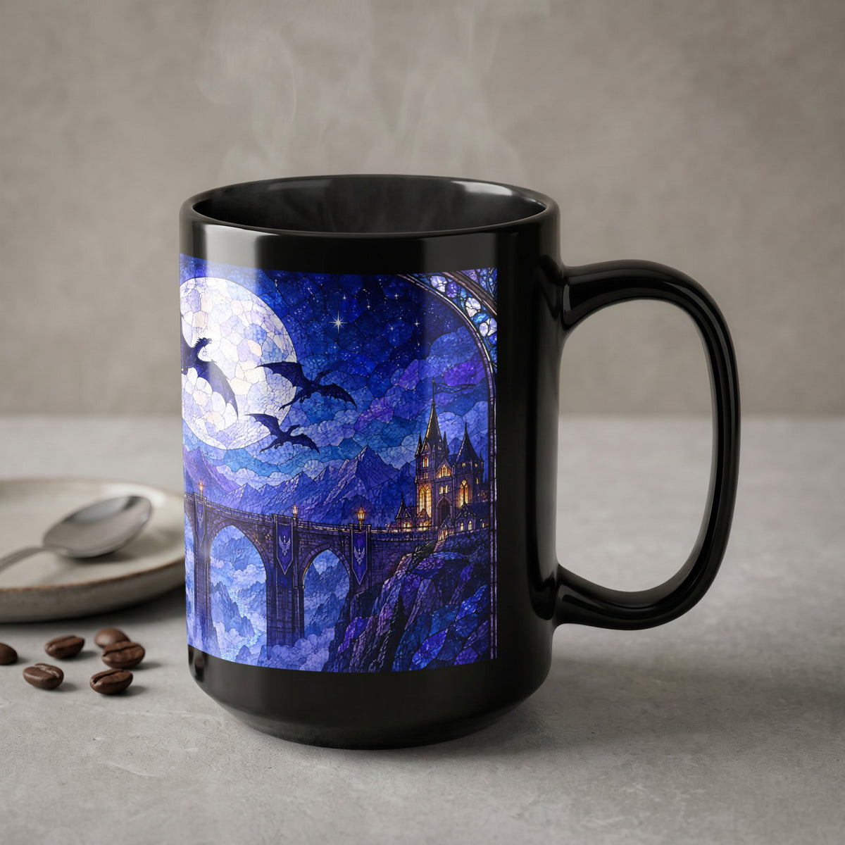 A black ceramic mug featuring a blue fantasy castle and dragon design stands on a gray surface with coffee beans.