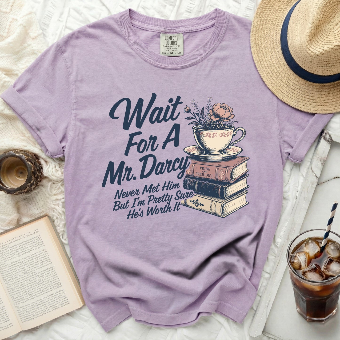 Purple t-shirt with "Wait For A Mr. Darcy Never Met Him But I'm Pretty Sure He's Worth It" graphic.