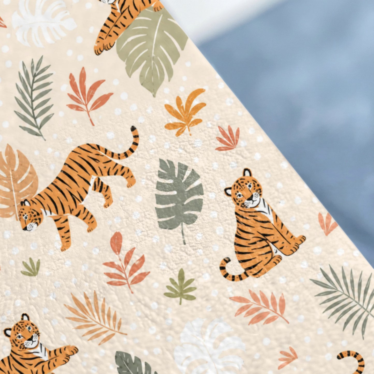 Cartoon tigers and tropical leaves pattern on a textured light background.