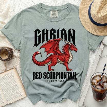 Light blue t-shirt with black gothic text "GHARIAN" above a red dragon and "RED SCORPIONTAIL THE EMPYREAN".