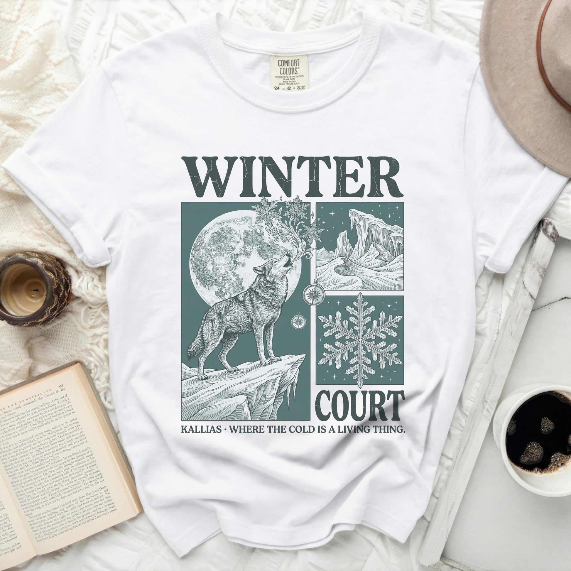 White Comfort Colors t-shirt with "Winter Court Kallias Where the Cold is a Living Thing" graphic.