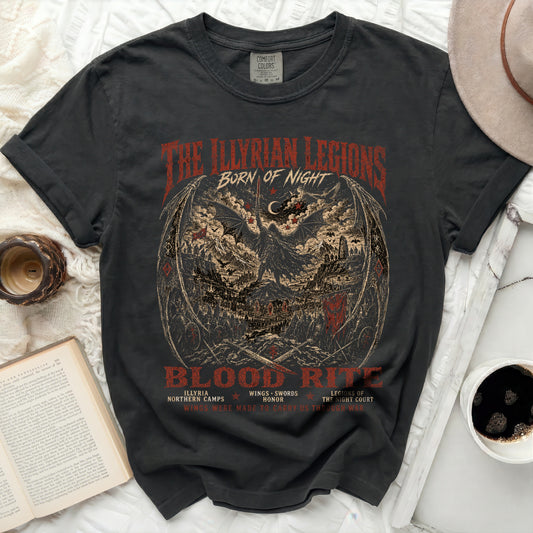 Dark t-shirt with "The Illyrian Legions" and "Blood Rite" graphics.