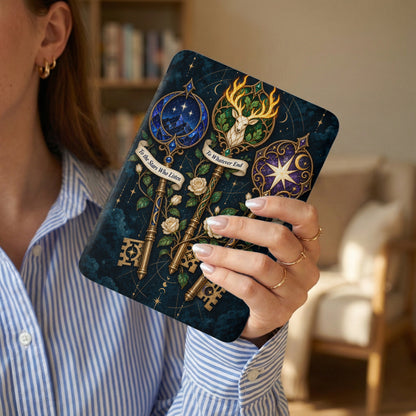 Case with ornate keys, celestial motifs, and text "To the Stars Who Listen."