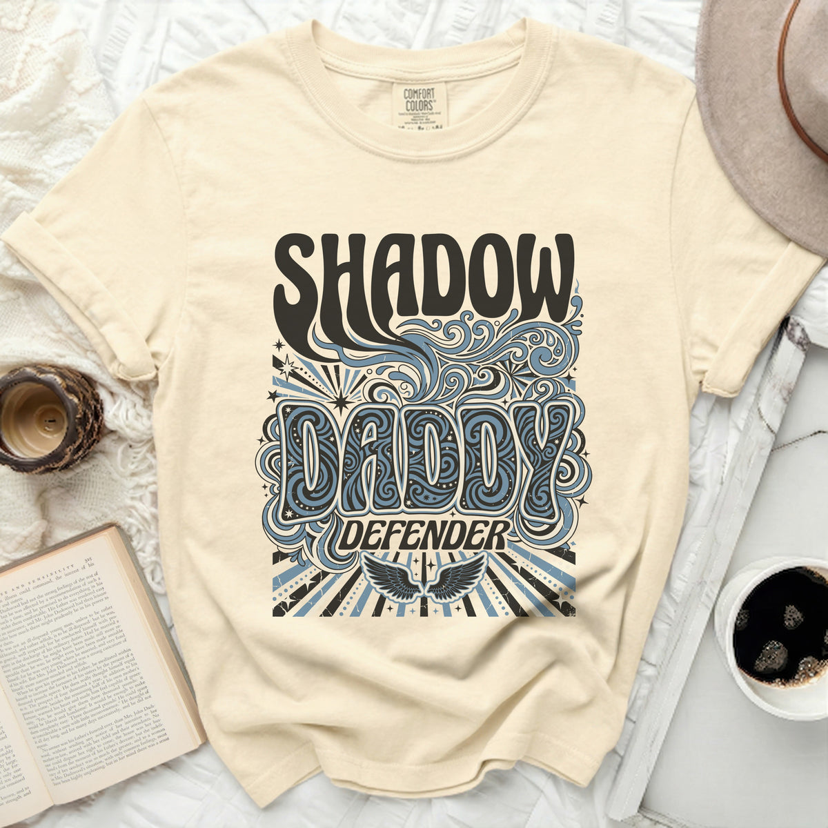 Comfort Colors cream t-shirt with "Shadow Daddy Defender" graphic.