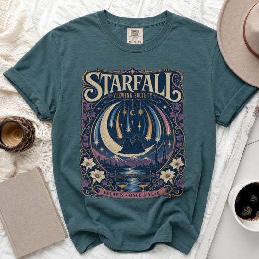Teal t-shirt with "Starfall Viewing Society Velaris Once A Year" graphic.