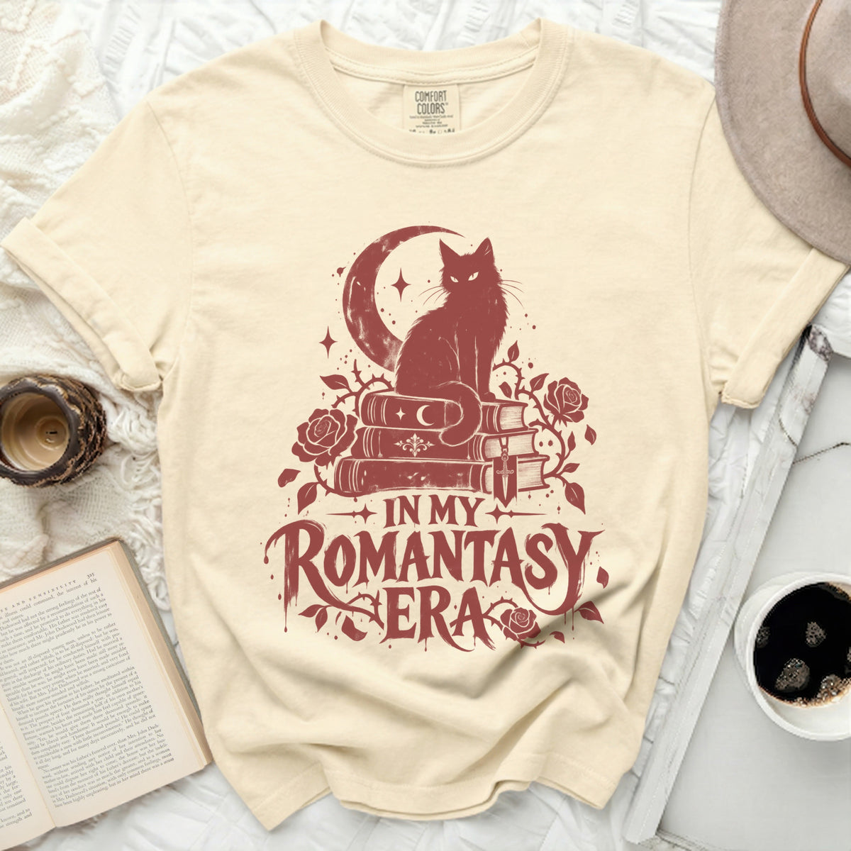 Comfort Colors beige t-shirt with "In My Romantasy Era" graphic.