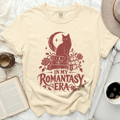 Comfort Colors beige t-shirt with "In My Romantasy Era" graphic.