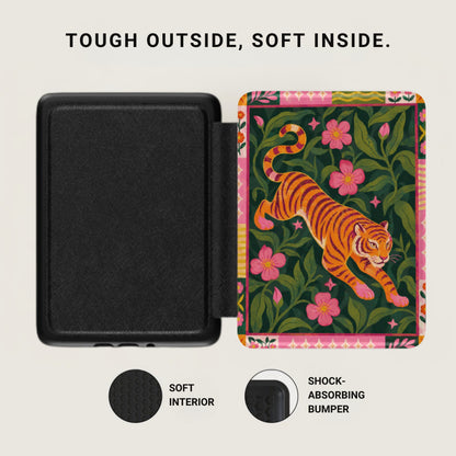 Black case open to reveal a tiger and floral pattern with text "TOUGH OUTSIDE, SOFT INSIDE."