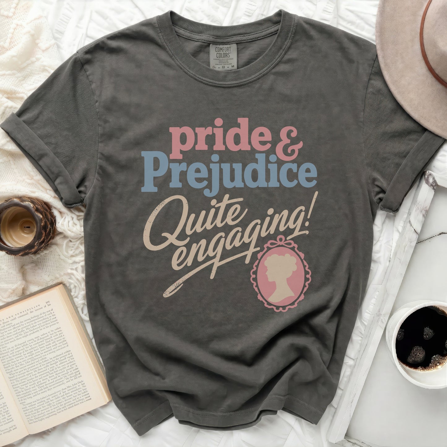 Gray t-shirt with "Pride & Prejudice Quite Engaging!" text and cameo silhouette.