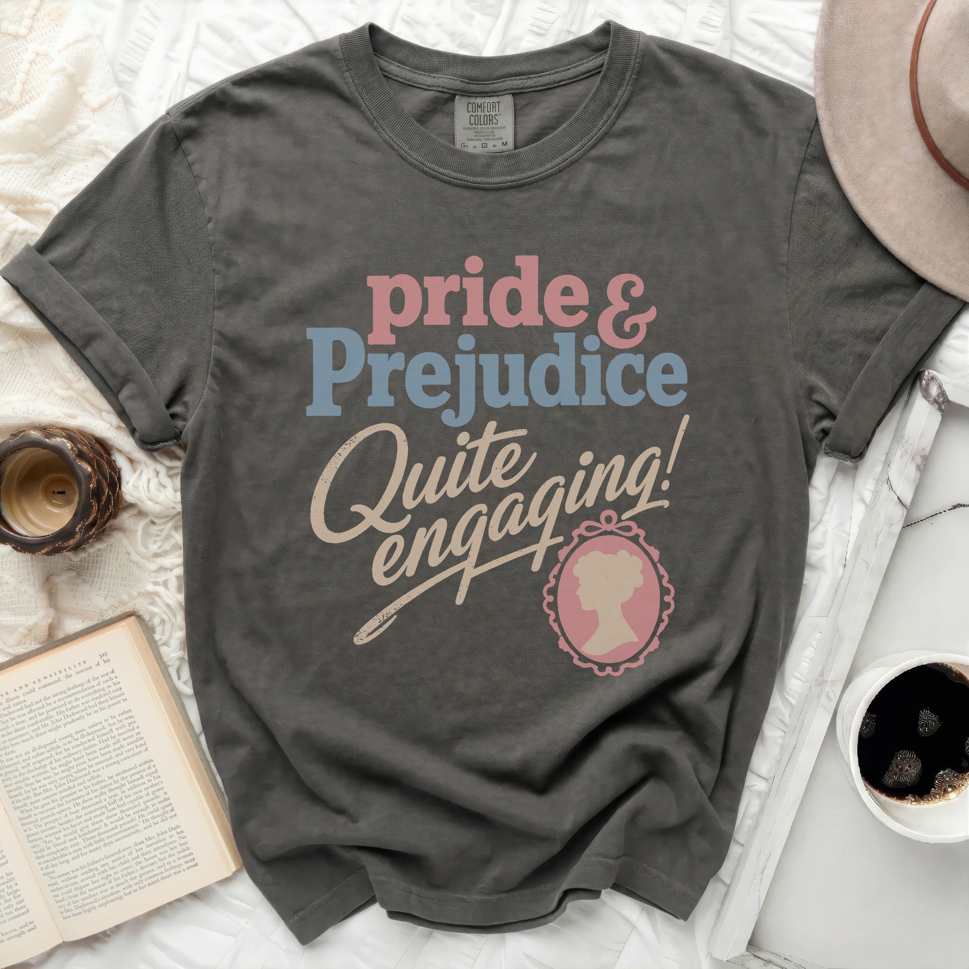 Gray t-shirt with "Pride & Prejudice Quite Engaging!" text and cameo silhouette.
