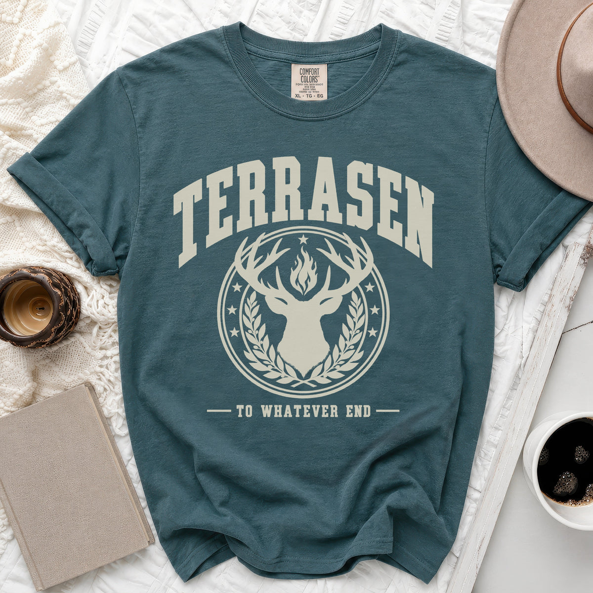 Teal t-shirt with "TERRASEN TO WHATEVER END" and stag graphic.