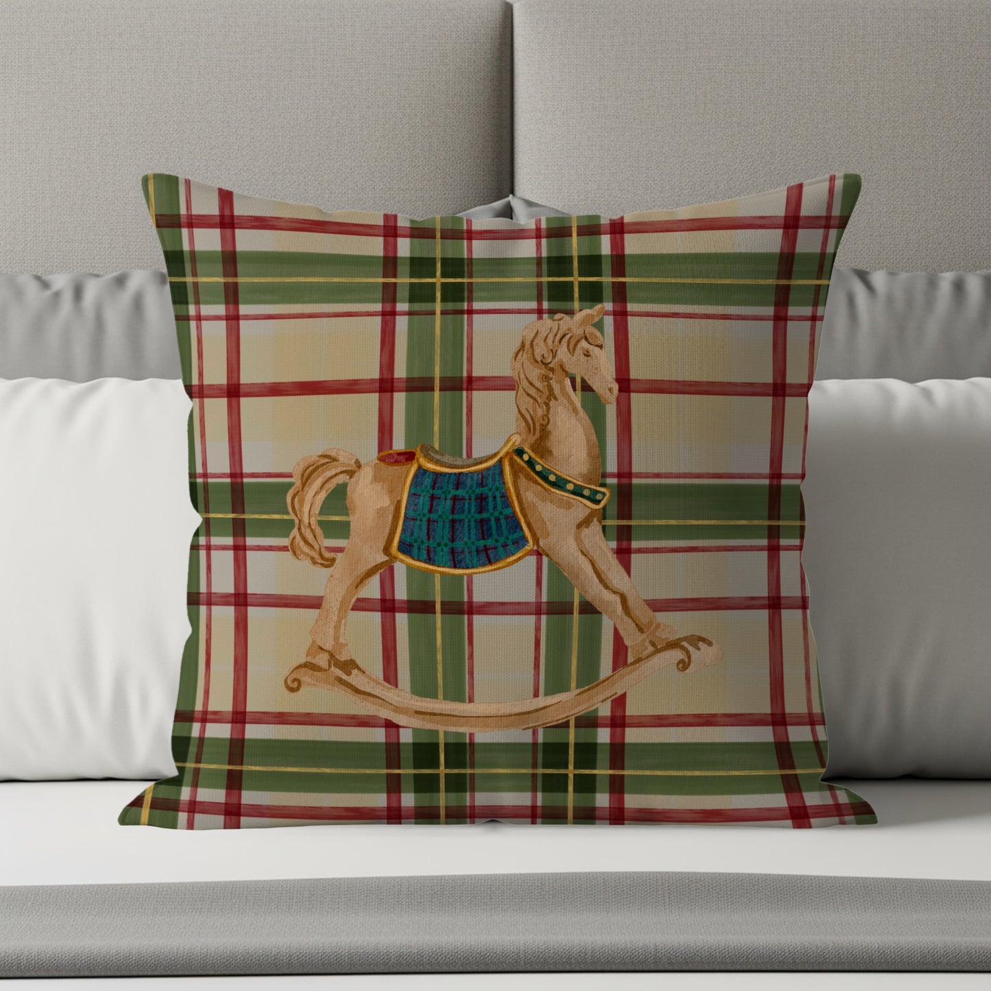 Rocking Horse Plaid Cushion for Festive Home Decor