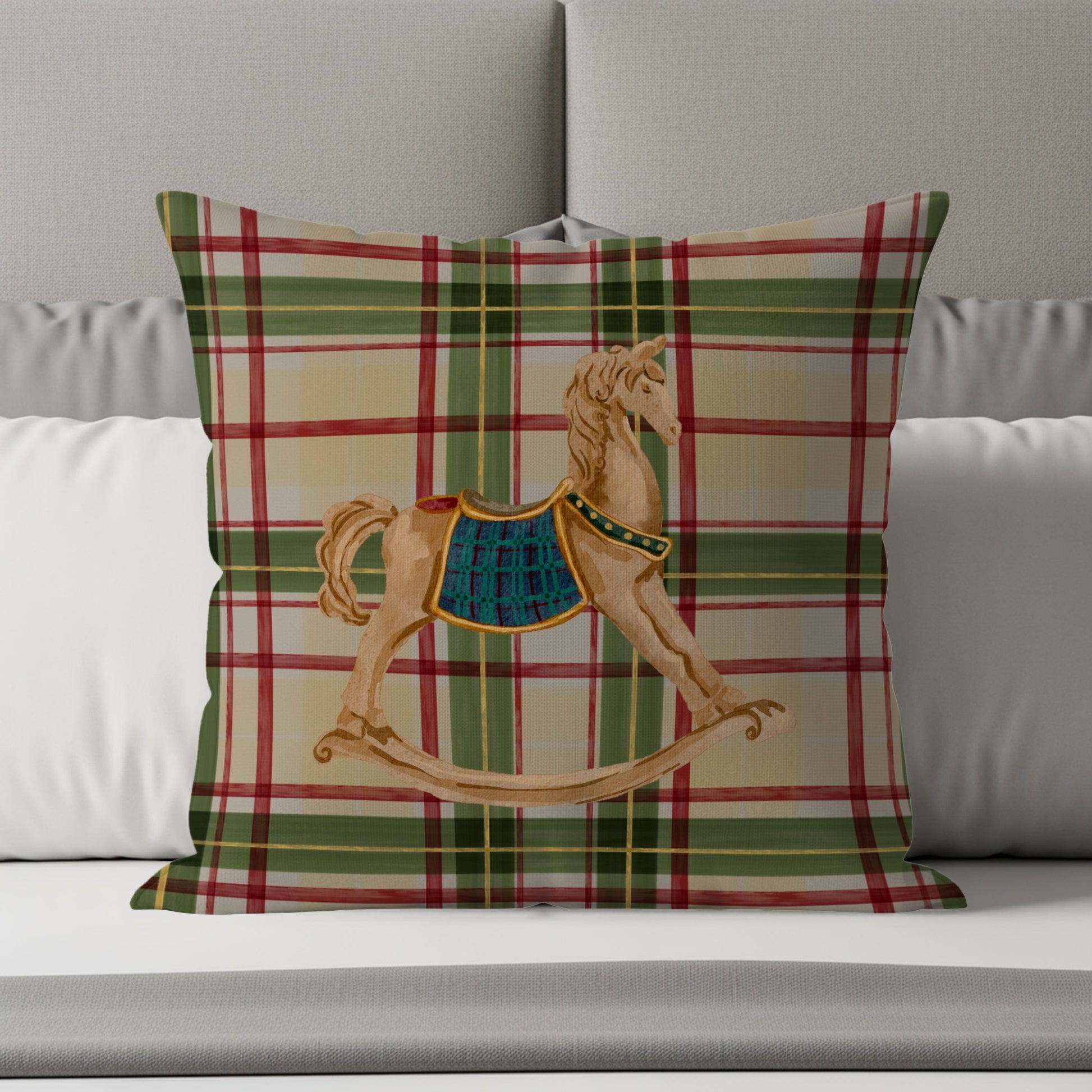 Rocking Horse Plaid Cushion for Festive Home Decor