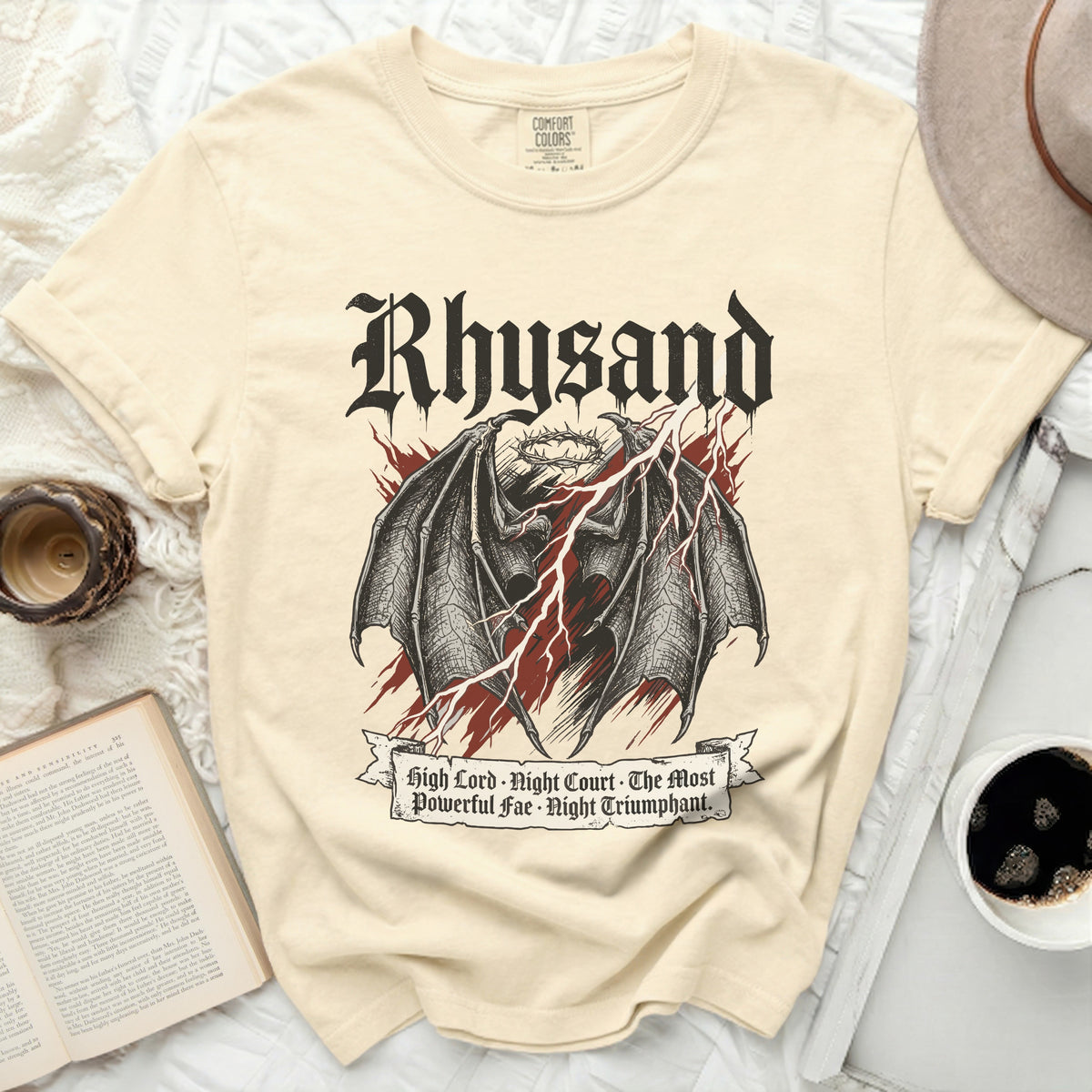 Cream t-shirt with Rhysand, bat wings, crown, and lightning graphic.