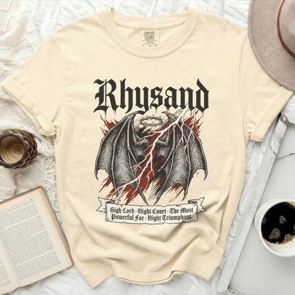Cream t-shirt with Rhysand, bat wings, crown, and lightning graphic.