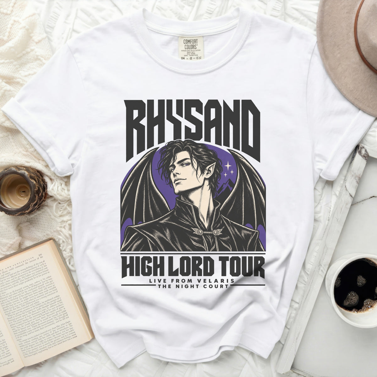 White t-shirt with "Rhysand High Lord Tour Live from Velaris The Night Court" design.