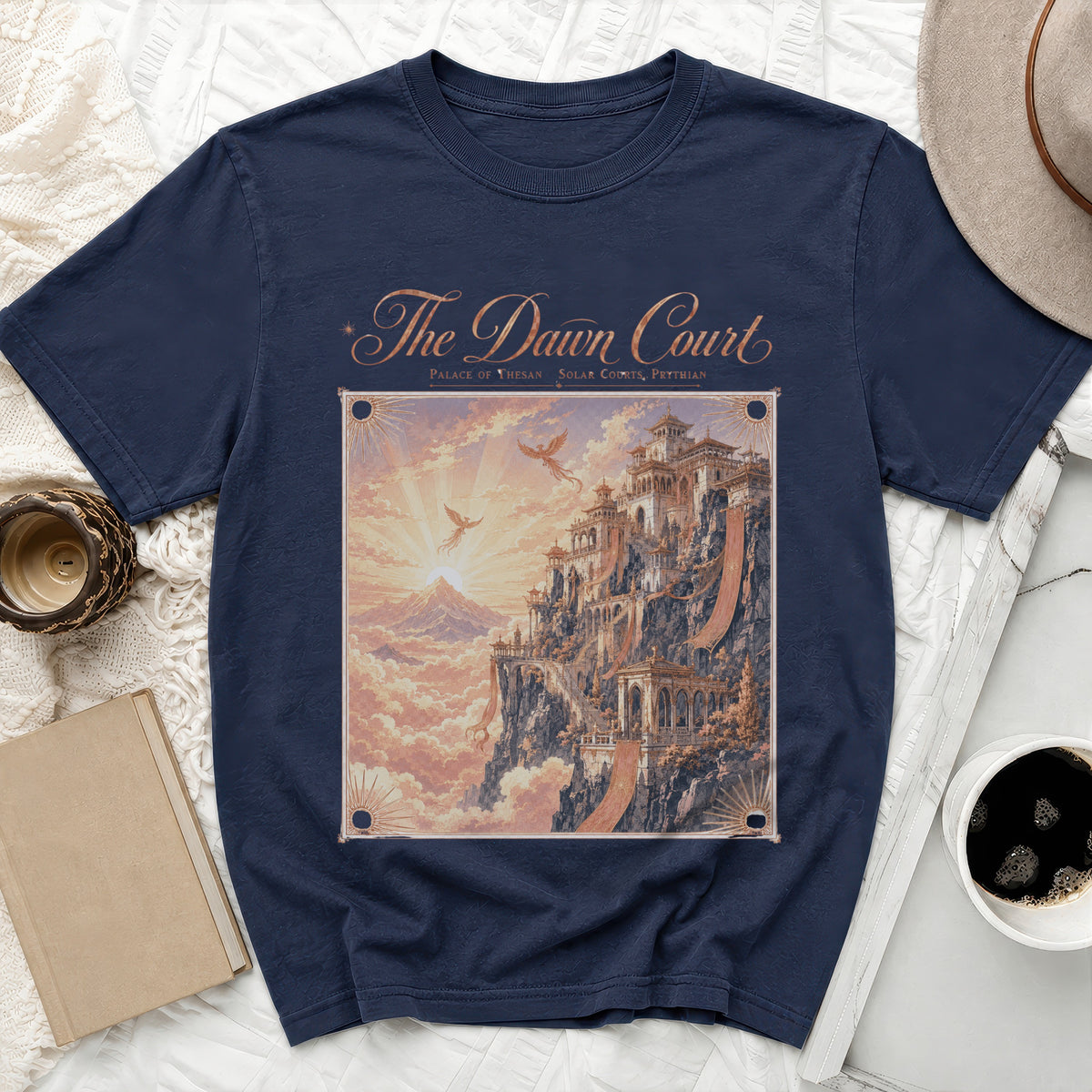 Navy t-shirt with "The Dawn Court" and a fantasy castle artwork.