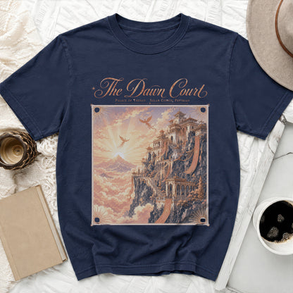 Navy t-shirt with "The Dawn Court" and a fantasy castle artwork.