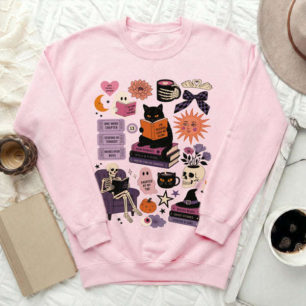 Haunted Bookworm Sweatshirt in Light Pink
