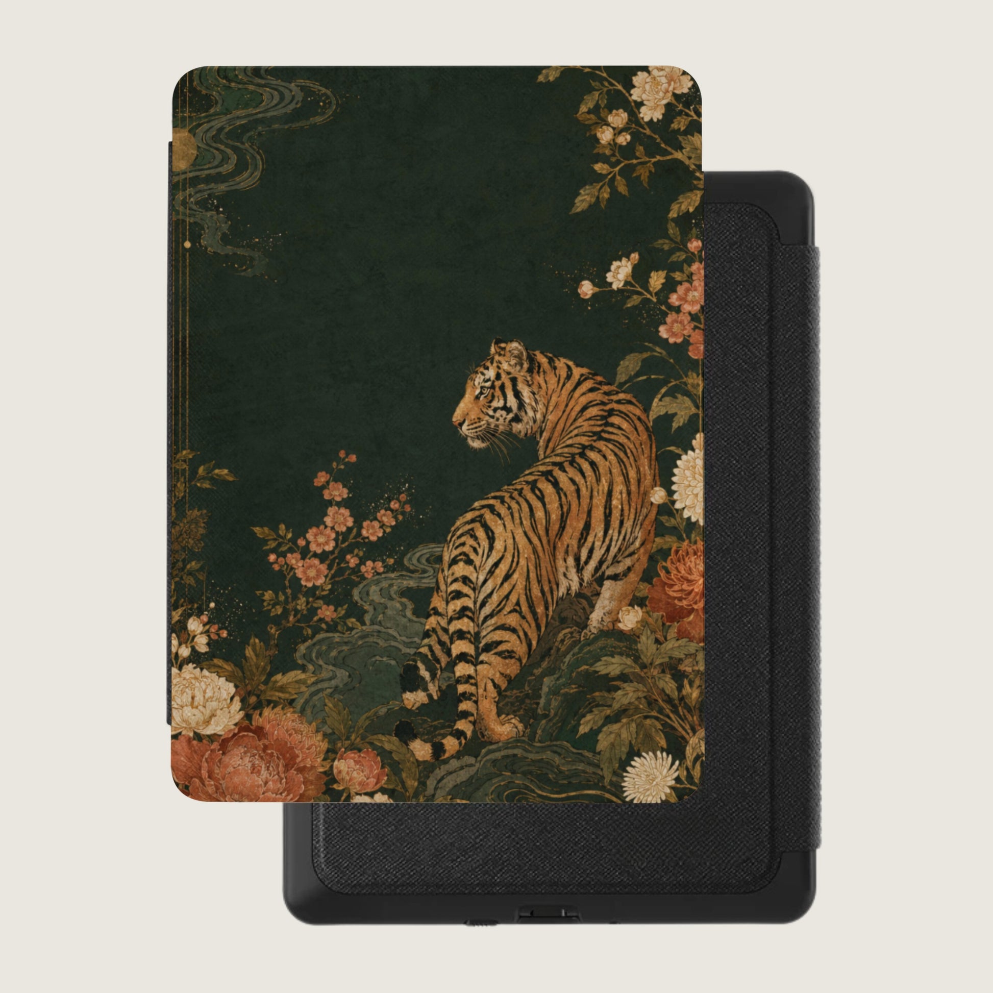 Tiger illustration on a dark green case with floral and water motif design.