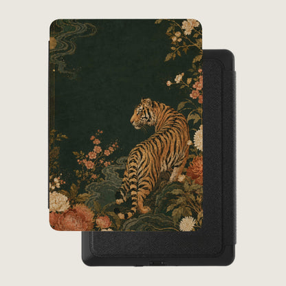 Tiger illustration on a dark green case with floral and water motif design.