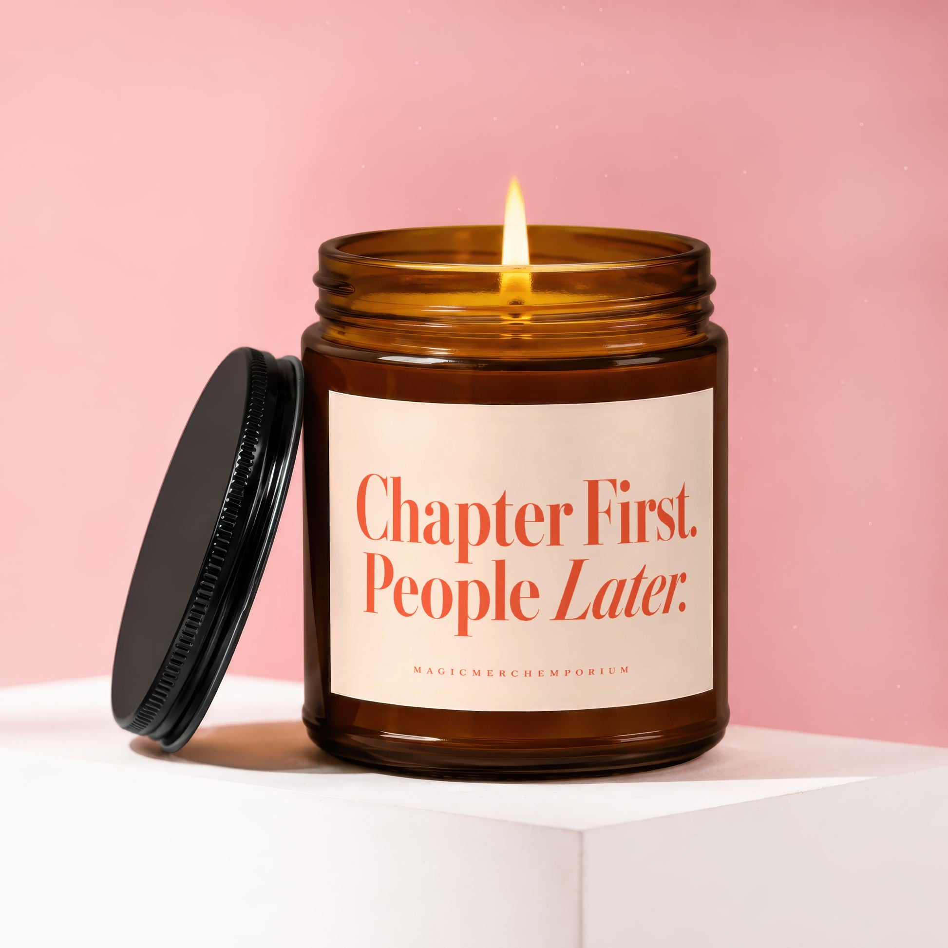 Amber candle with lit wick and lid beside it, text "Chapter First. People Later."