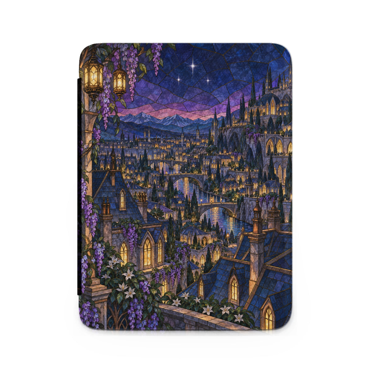 Stained glass art of a fantasy city with castles, bridges, and a river at dusk.
