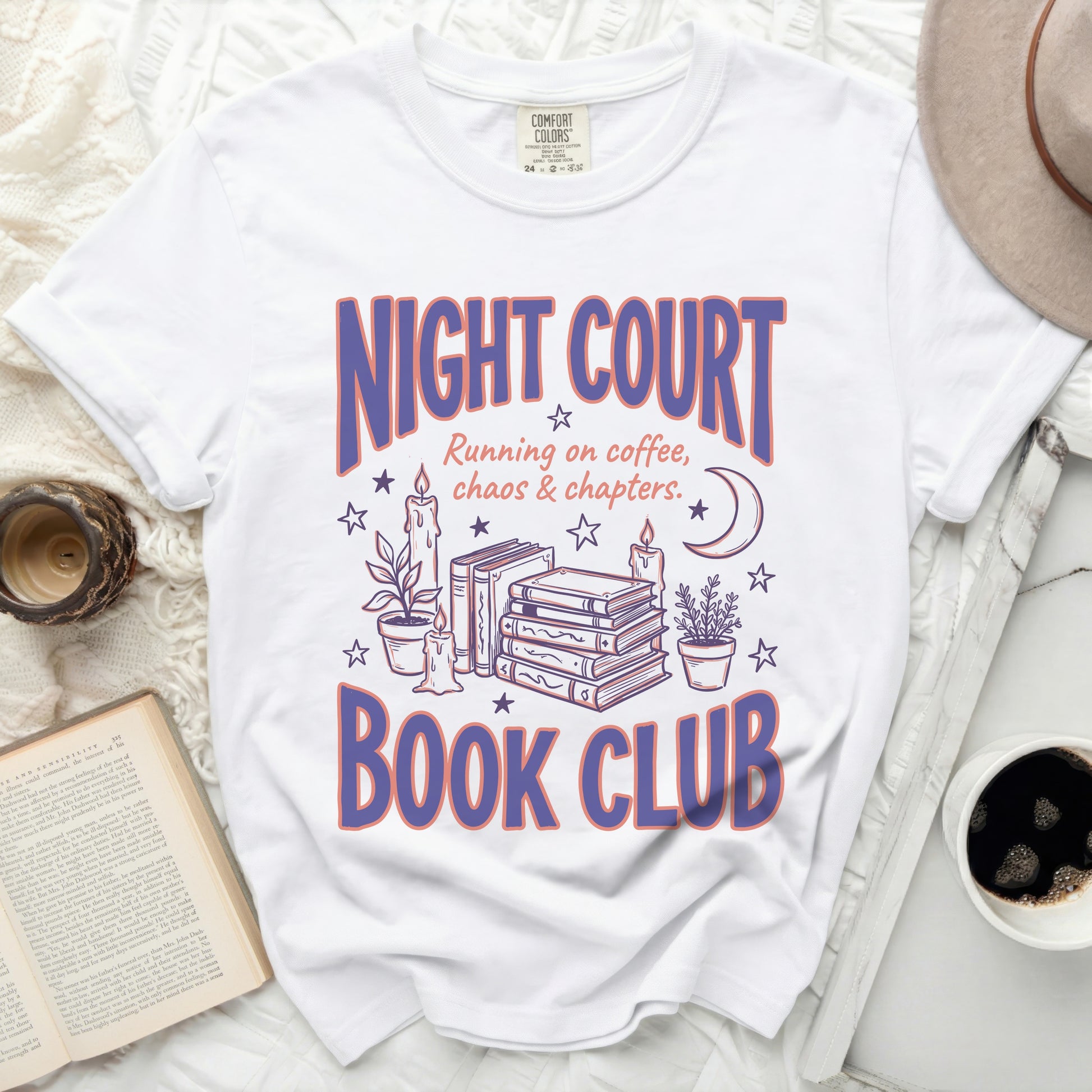 White t-shirt with "Night Court Book Club" graphic and book illustrations.