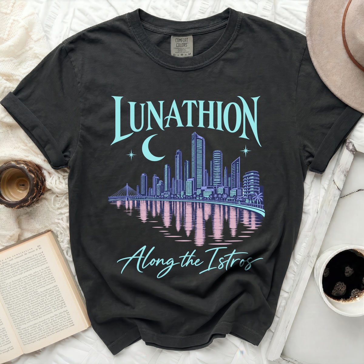 Dark grey t-shirt with "Lunathion" cityscape and "Along the Istros" text.