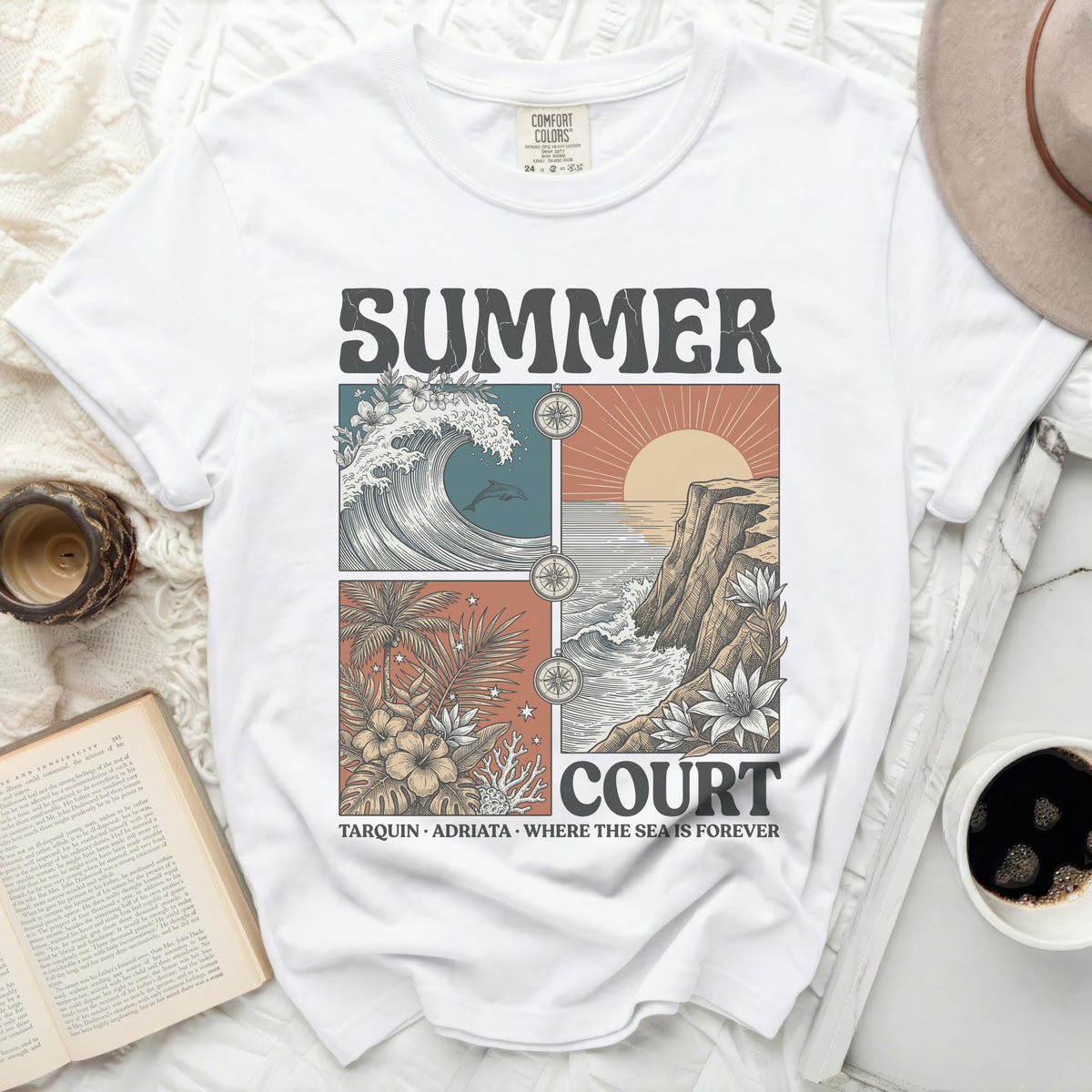 White t-shirt with "SUMMER COURT" graphic featuring ocean and tropical scenes.
