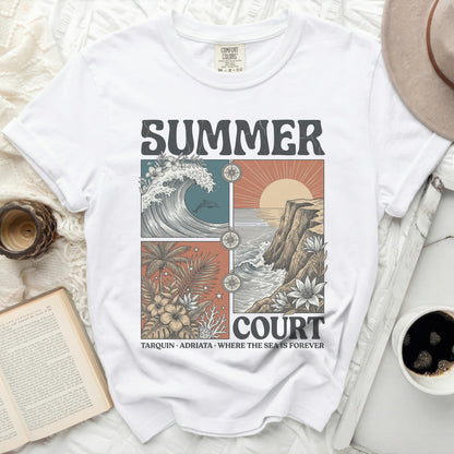 White t-shirt with "SUMMER COURT" graphic featuring ocean and tropical scenes.