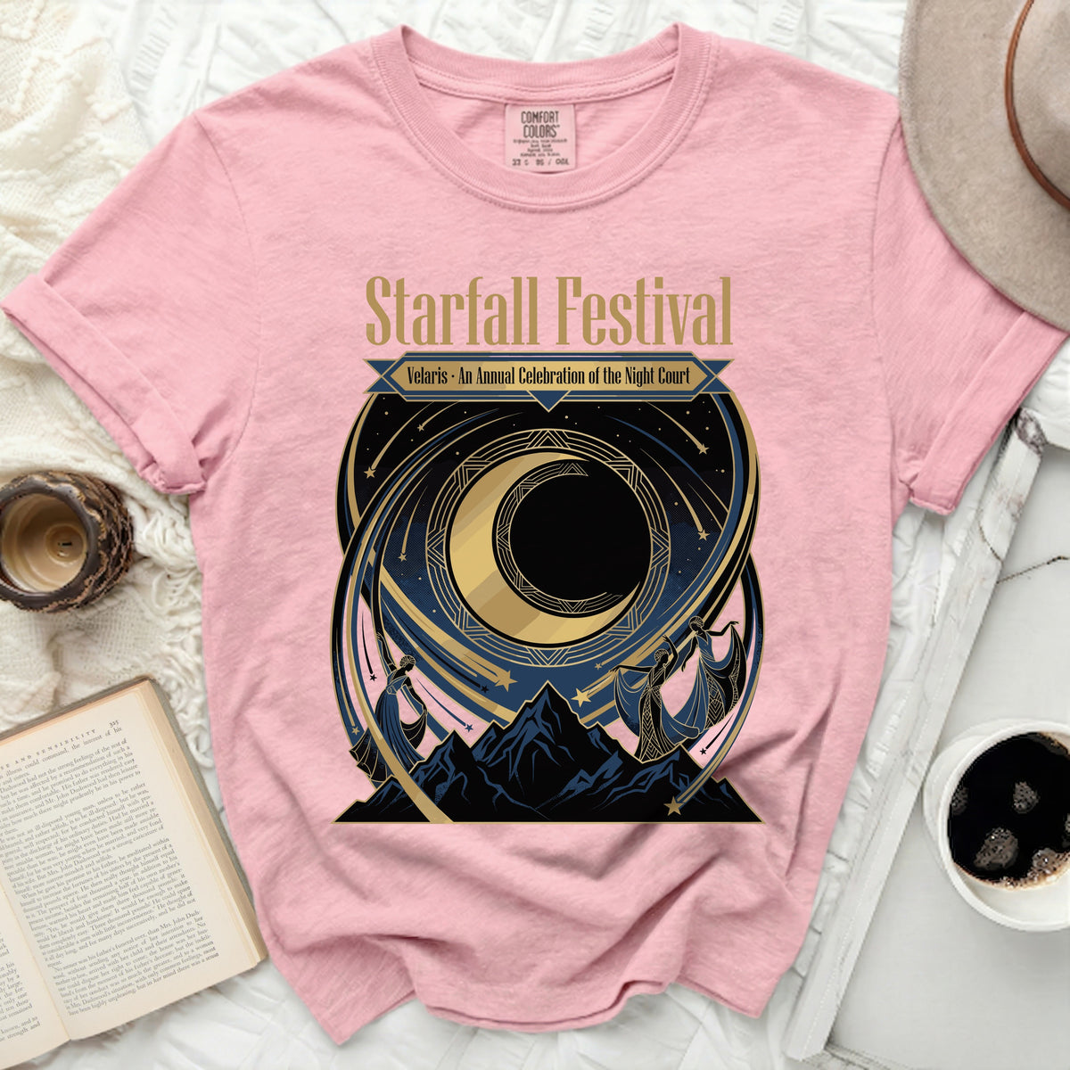 Pink Comfort Colors t-shirt with Starfall Festival design.