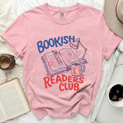 "Bookish Readers Club" graphic on a pink t-shirt.