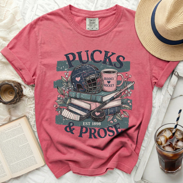 Pucks & Prose Literary Hockey Tee in Crunchberry