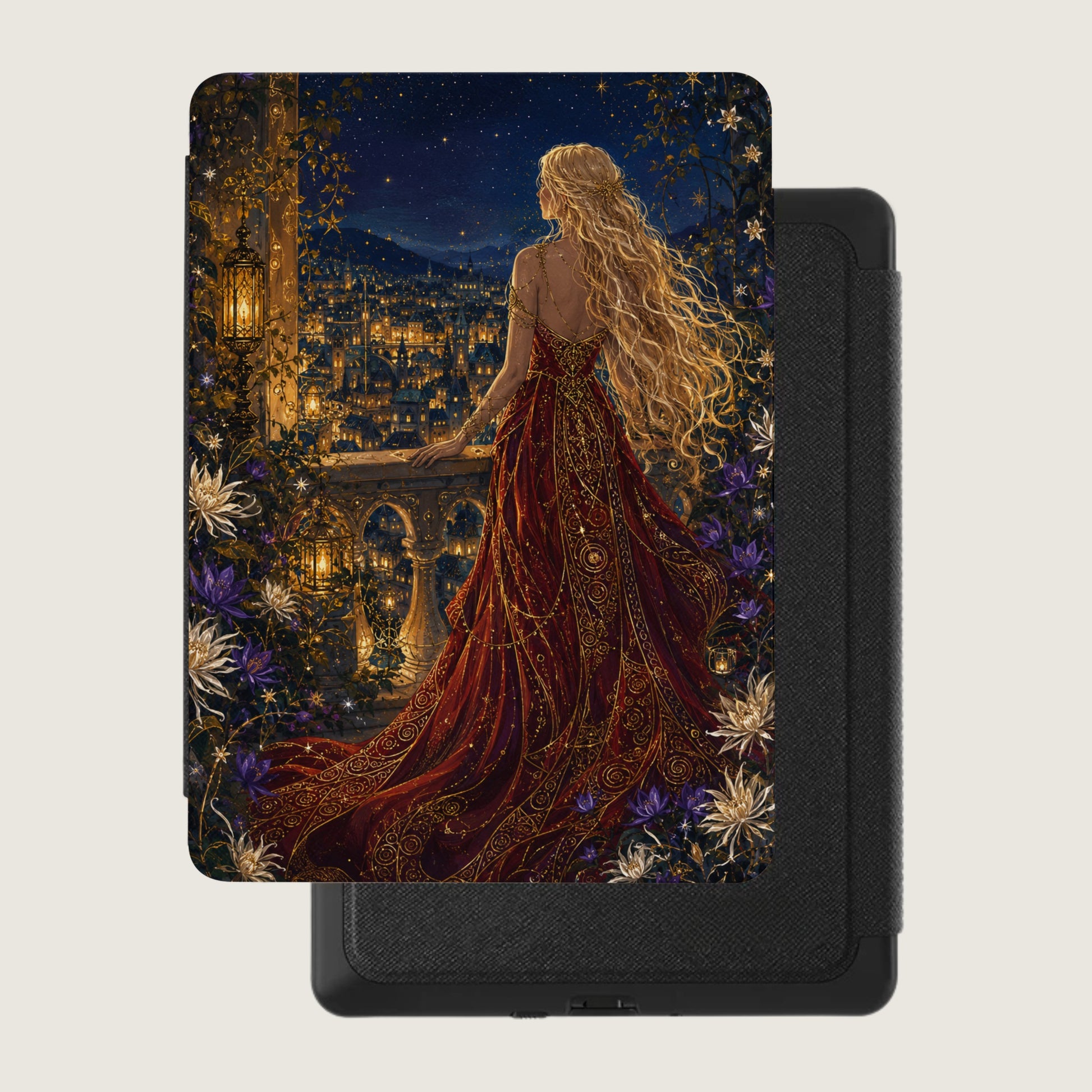 Woman with long blonde hair in a red and gold gown on a balcony overlooking a starlit city.