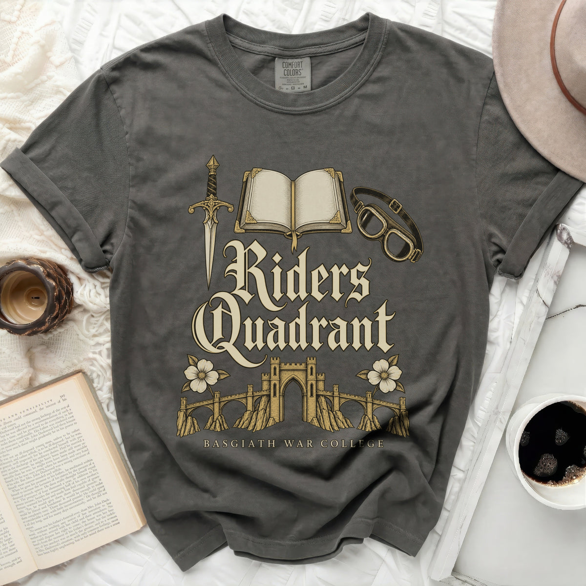 Dark gray t-shirt with "Riders Quadrant" and "Basgiath War College" graphic.
