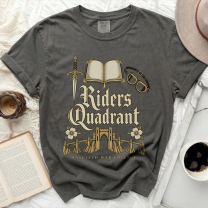 Dark gray t-shirt with "Riders Quadrant" and "Basgiath War College" graphic.