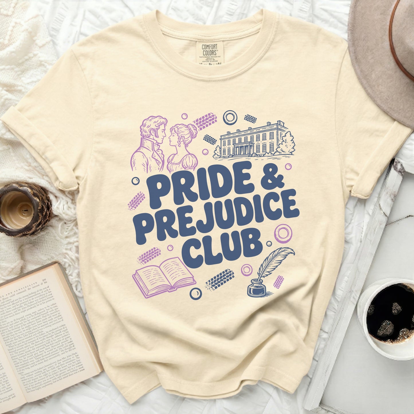 T-shirt with Pride & Prejudice Club text and literary illustrations.