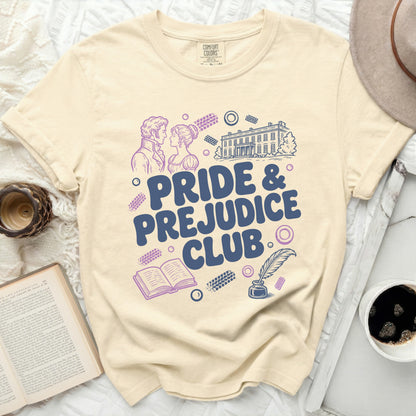 T-shirt with Pride & Prejudice Club text and literary illustrations.
