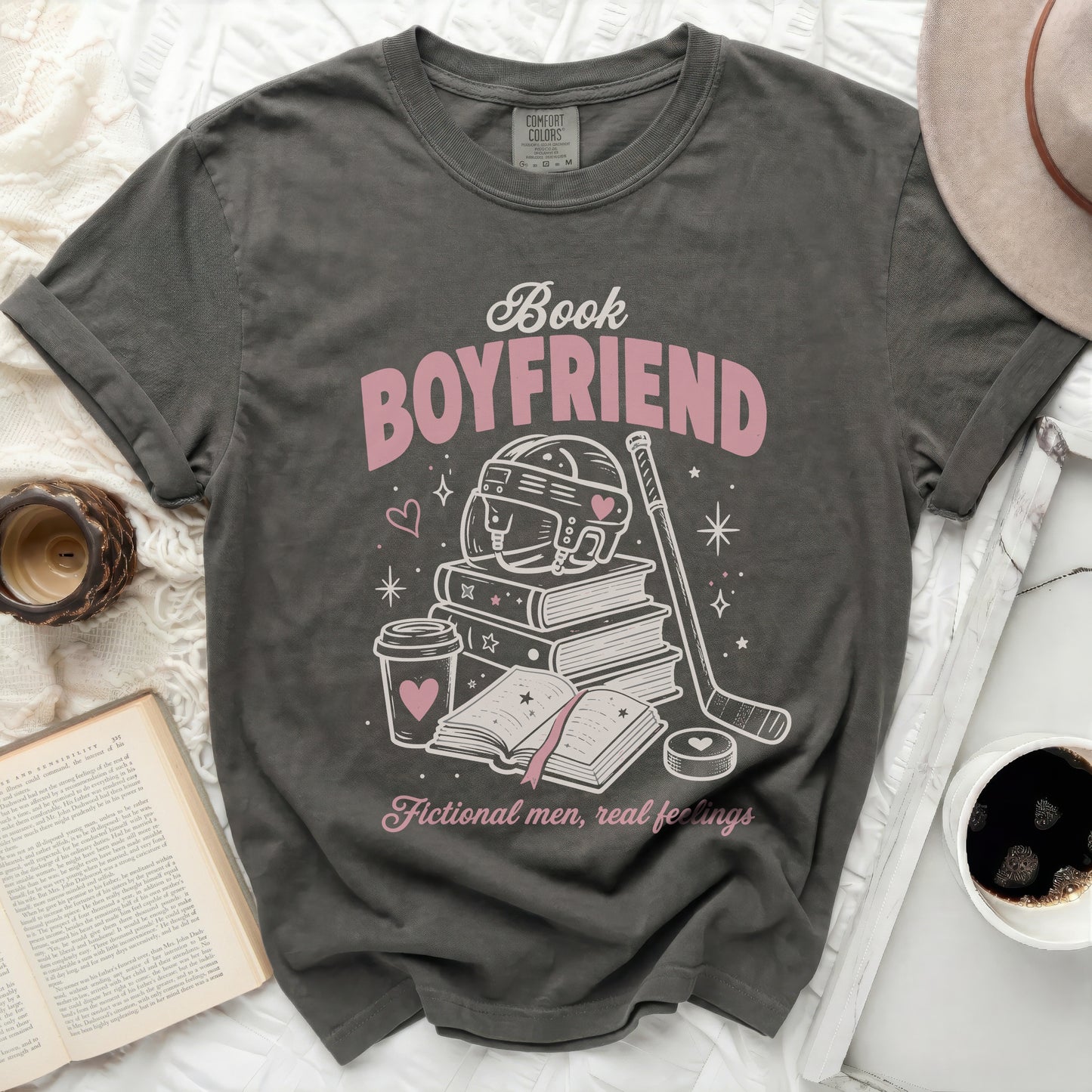 Dark gray t-shirt with "Book Boyfriend" text and hockey imagery.
