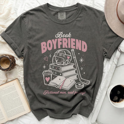 Dark gray t-shirt with "Book Boyfriend" text and hockey imagery.