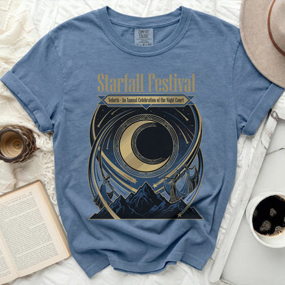 Blue t-shirt with "Starfall Festival Velaris An Annual Celebration of the Night Court" graphic.