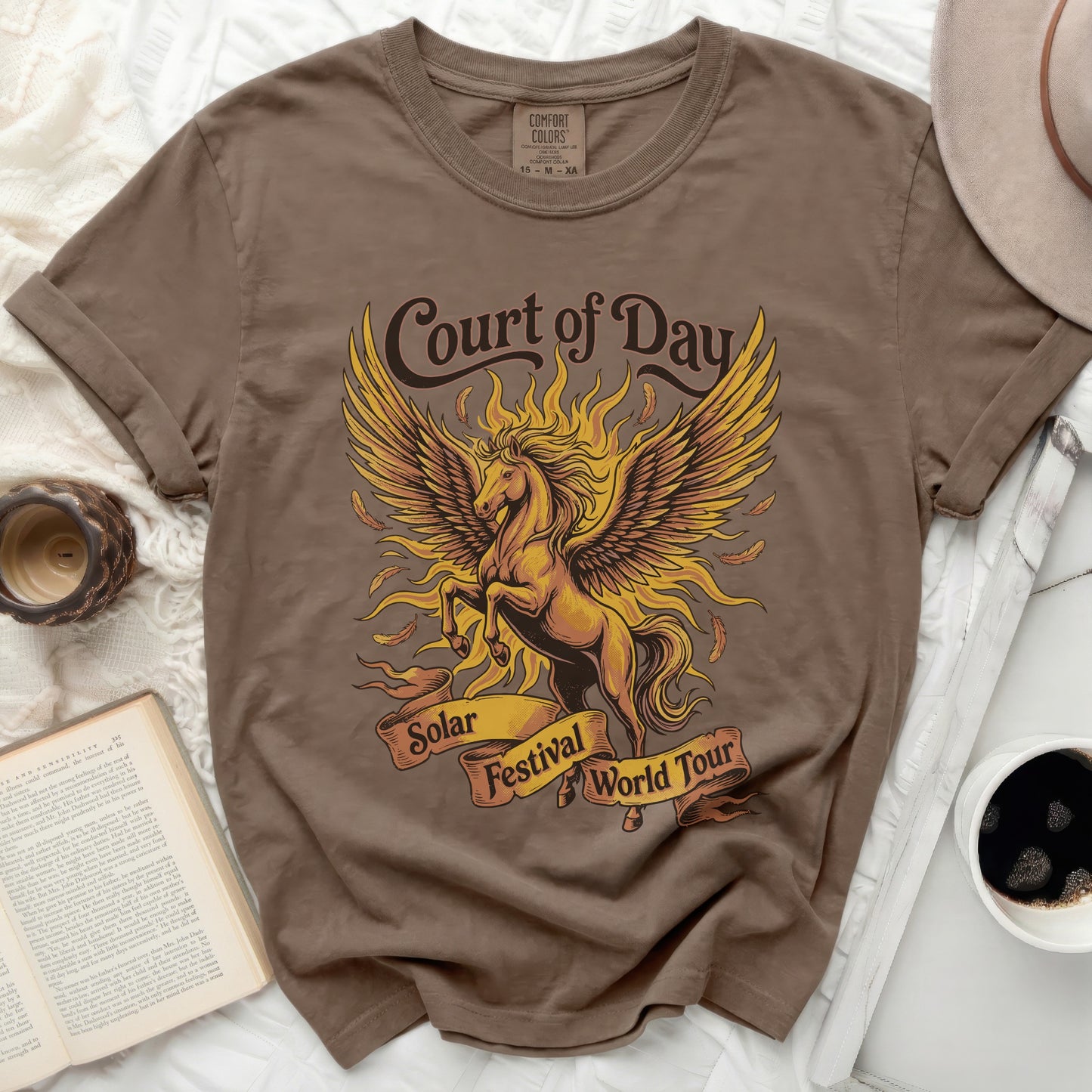 Brown t-shirt with "Court of Day" and a winged horse graphic.