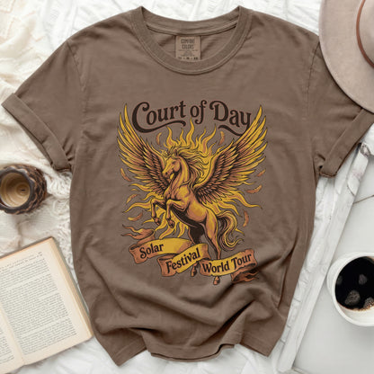Brown t-shirt with "Court of Day" and a winged horse graphic.