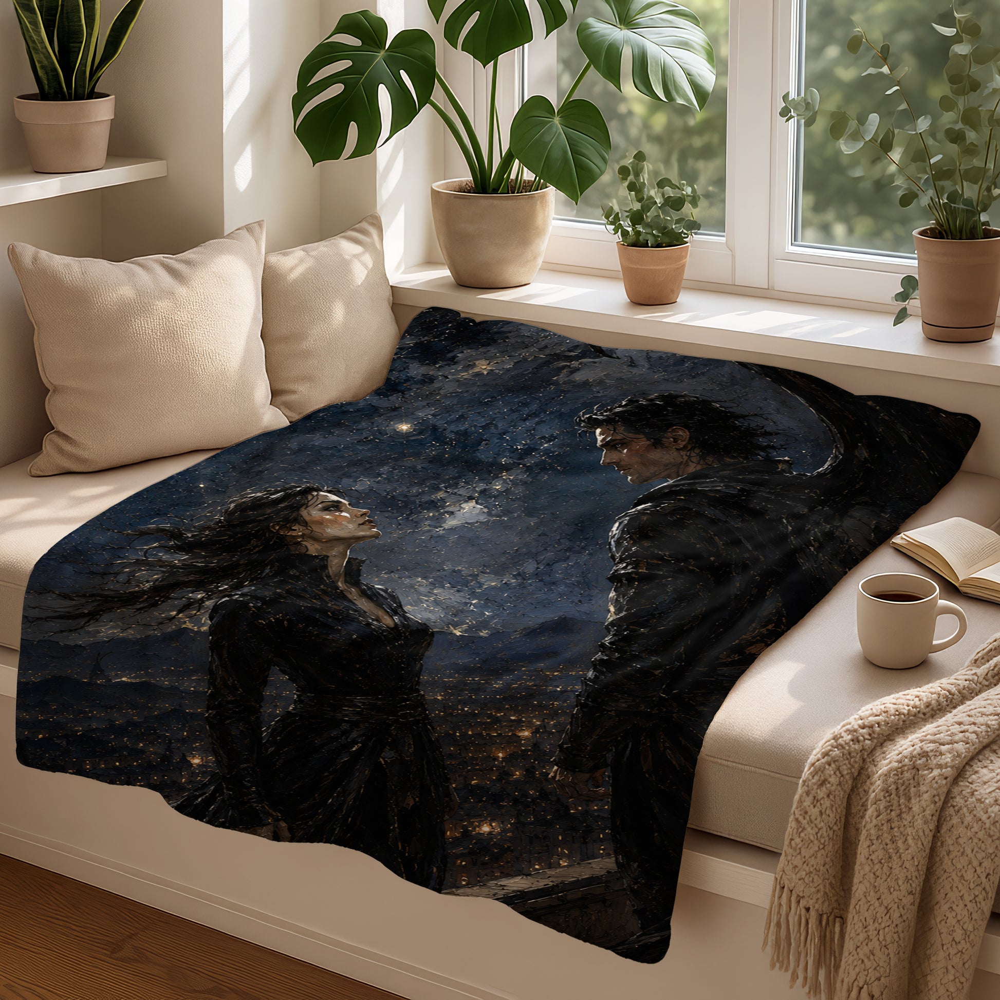 Blanket featuring a dark fantasy scene of a man and woman overlooking a nighttime city.