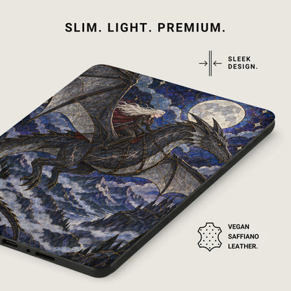 Case with a dragon and rider flying over mountains under a moon.
