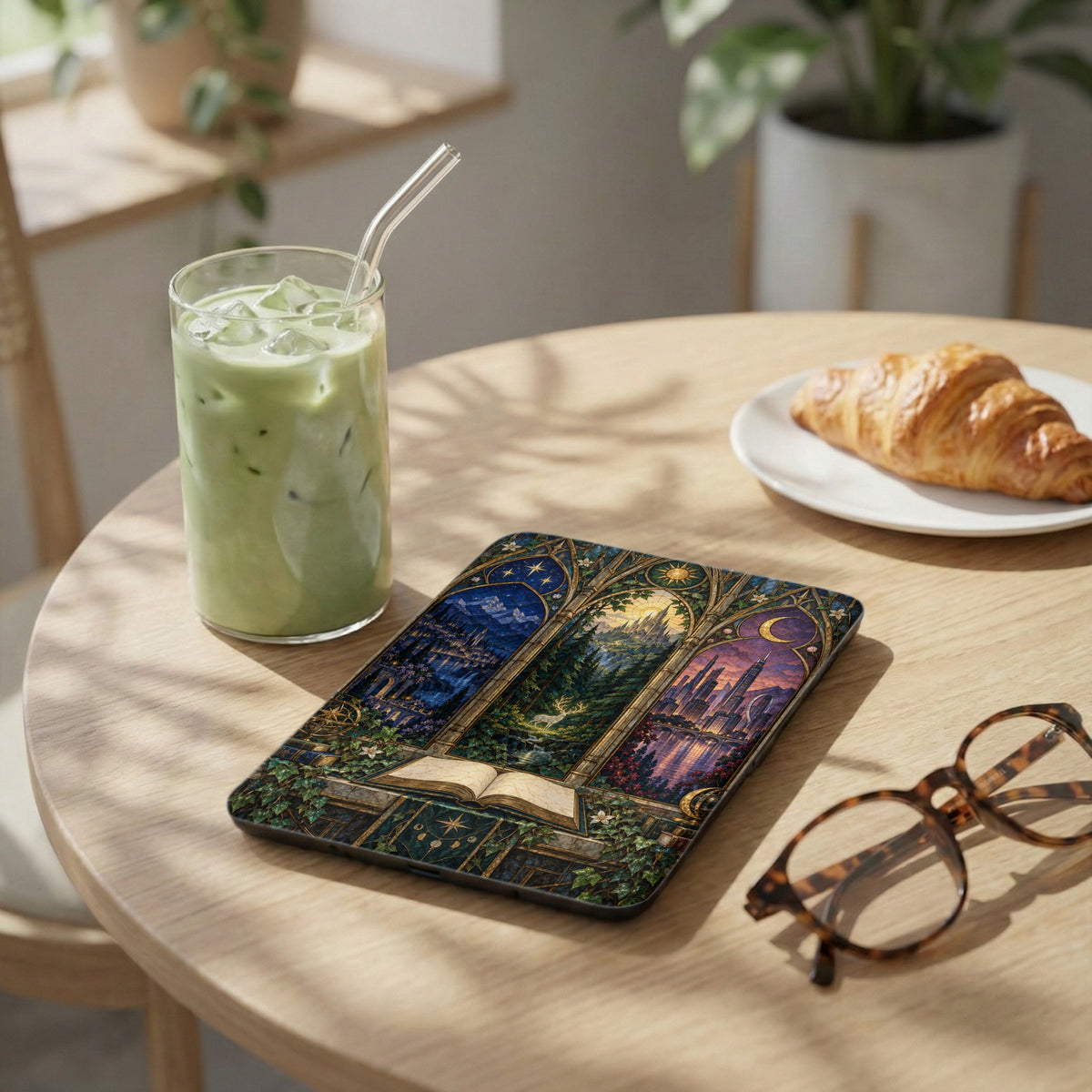 Tablet case with stained glass window art depicting cities, forest, and night sky.