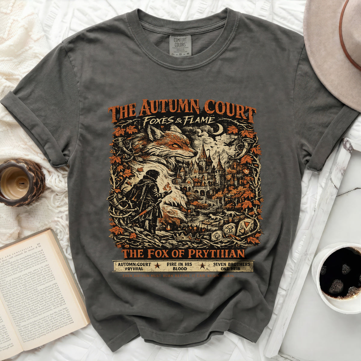 Dark gray t-shirt with "The Autumn Court, Foxes & Flame" graphic.
