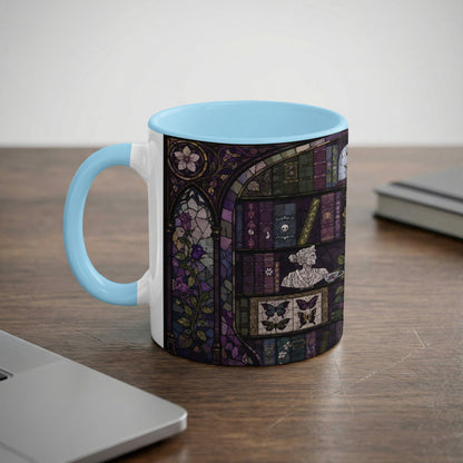 Mug with a gothic stained-glass design featuring books, a bust and butterflies.