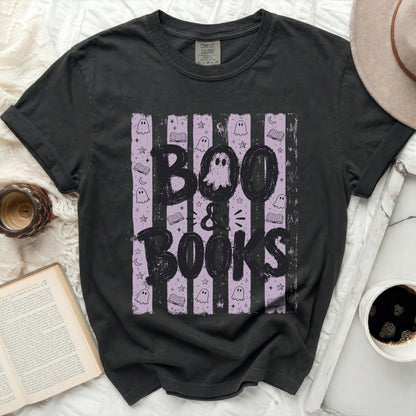 Black t-shirt with "Boo & Books" graphic and Halloween motifs.